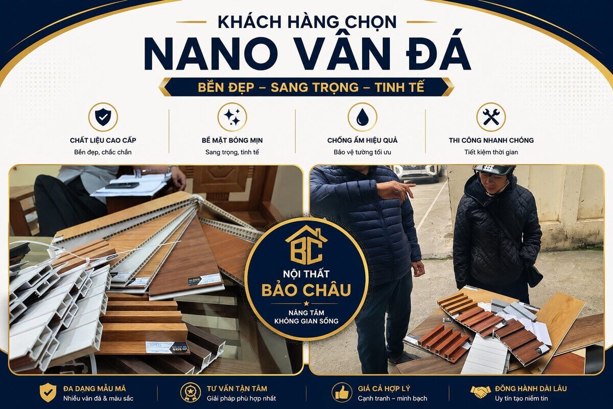 Khách xem mẫu thật và chọn màu tấm ốp nano tại showroom Bảo Châu