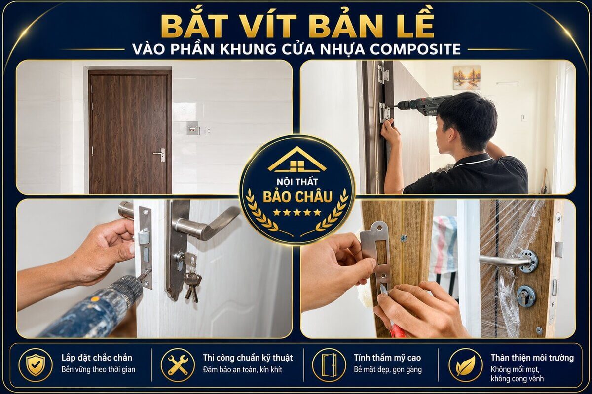 Bắt vít bản lề vào phần lõi đặc của khung cửa nhựa composite