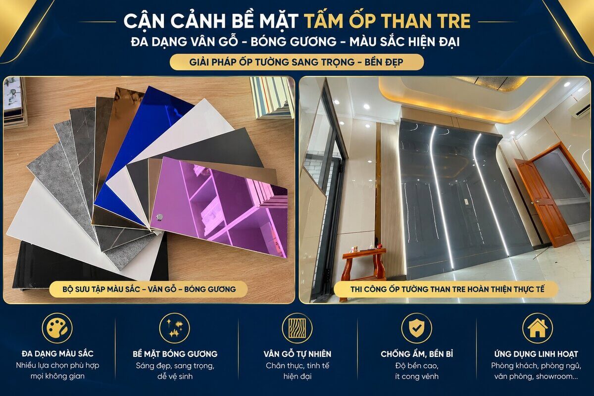 Bảng mẫu các loại tấm ốp than tre vân gỗ, da mịn, bóng gương trưng bày tại showroom Bảo Châu