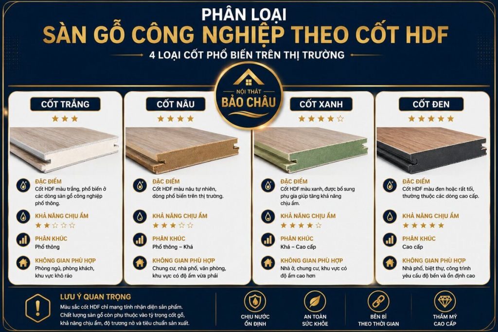 các loại sàn gỗ công nghiệp phân loại theo cốt gỗ HDF trắng nâu xanh đen