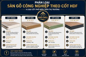 các loại sàn gỗ công nghiệp phân loại theo cốt gỗ HDF trắng nâu xanh đen