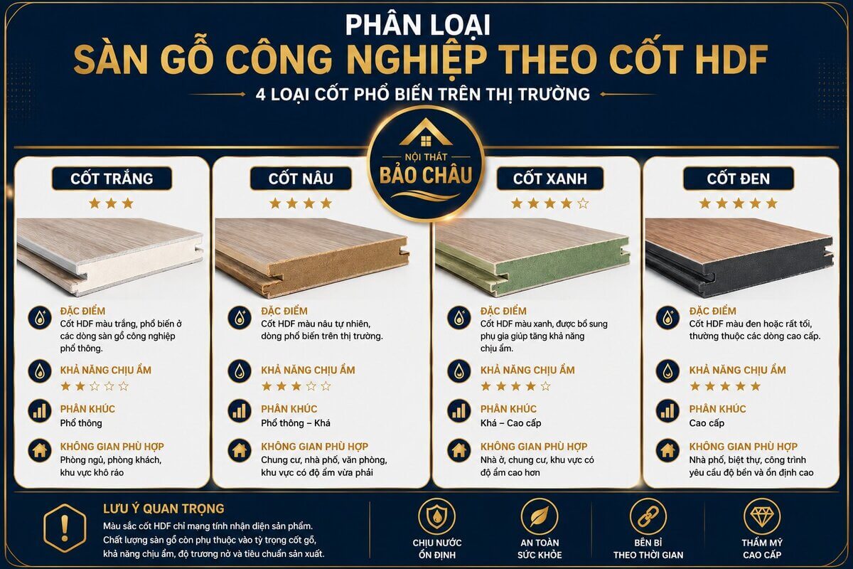 các loại sàn gỗ công nghiệp phân loại theo cốt gỗ HDF trắng nâu xanh đen