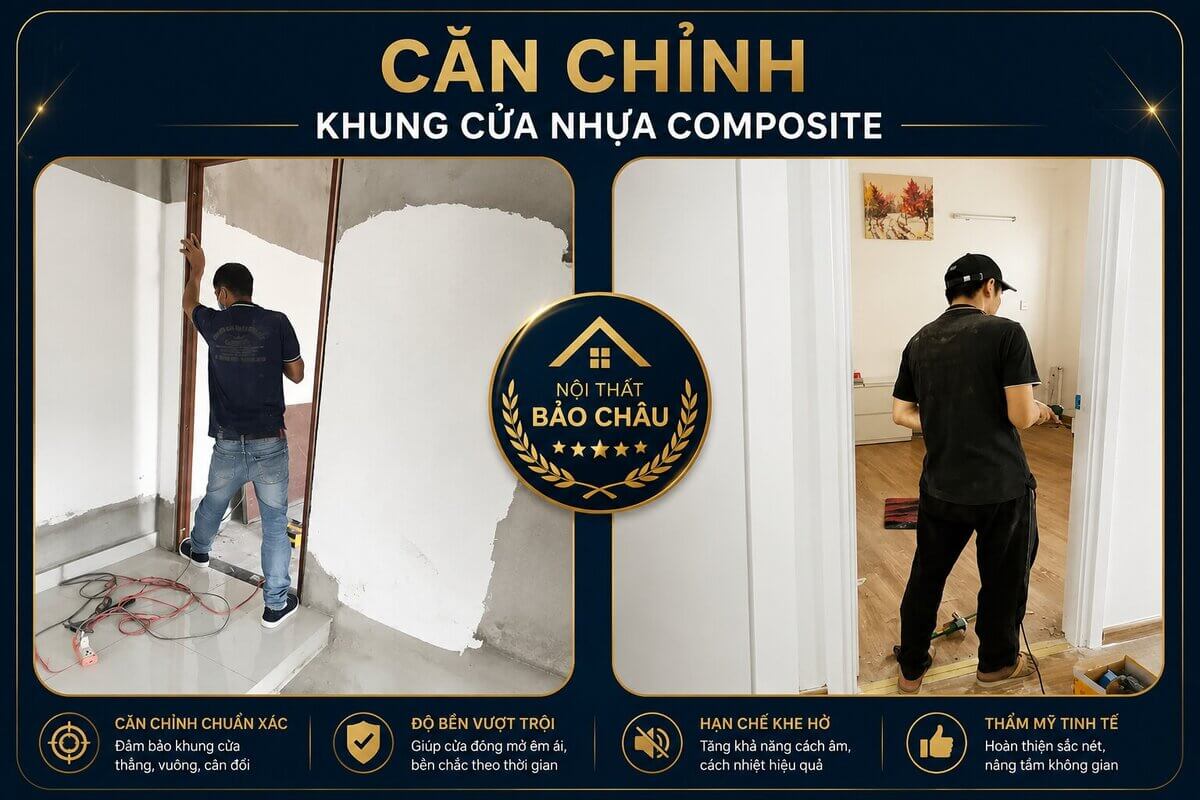 Căn chỉnh khung cửa nhựa composite bằng nêm gỗ và thước cân