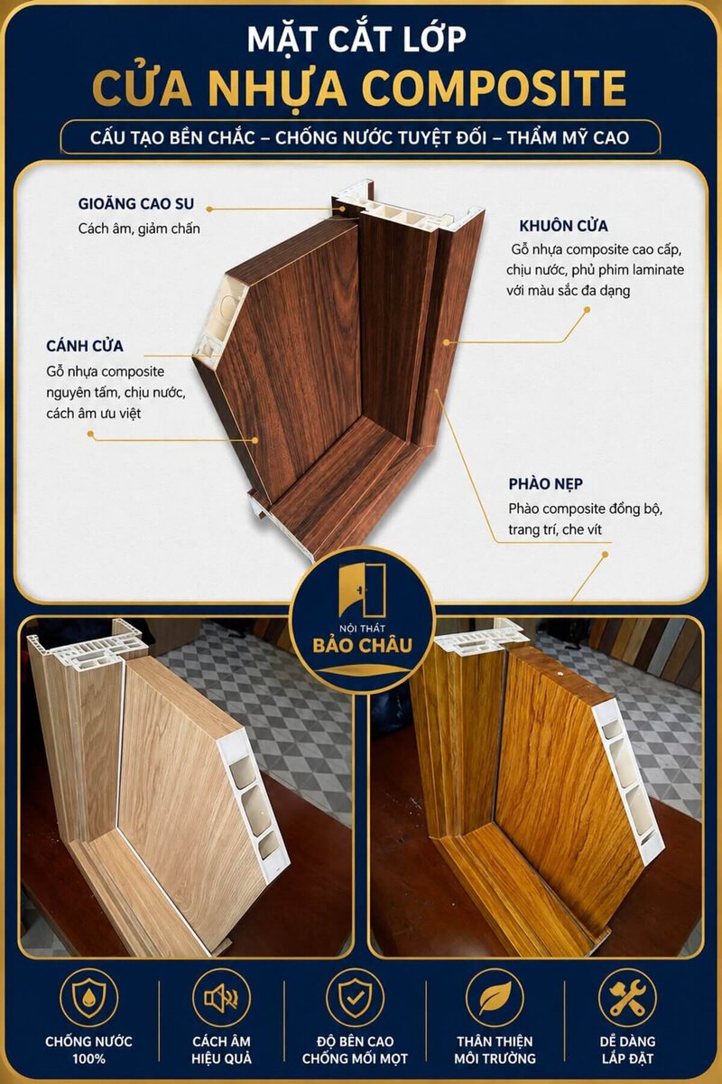mặt cắt lớp cửa nhựa composite tại kho Bảo Châu cho thấy rõ lõi nhựa và bột gỗ