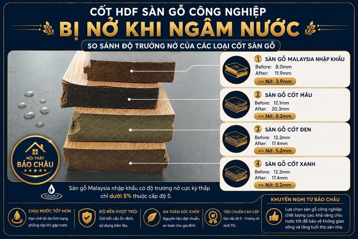 cấu tạo cốt HDF sàn gỗ công nghiệp dễ hút ẩm trương nở khi gặp nước mưa