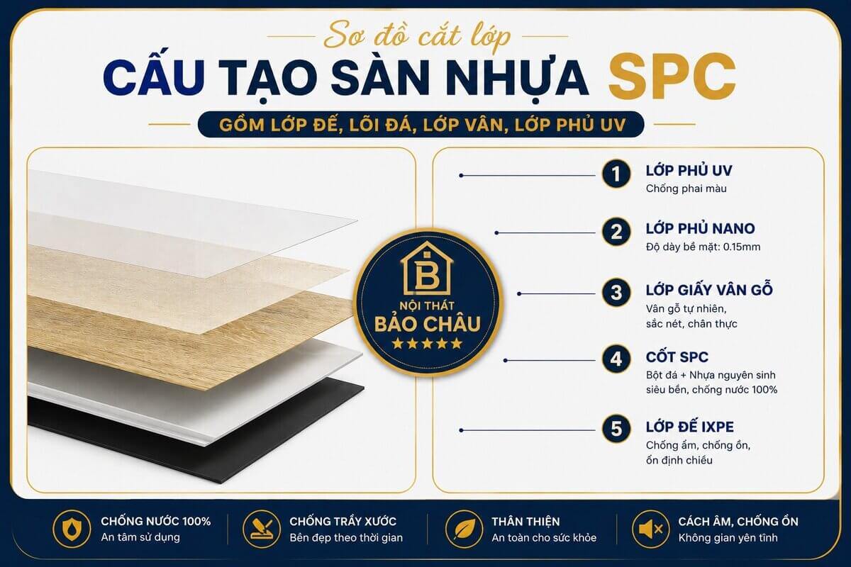 Sơ đồ cắt lớp cấu tạo sàn nhựa SPC gồm lớp đế, lõi đá, lớp vân, lớp phủ UV