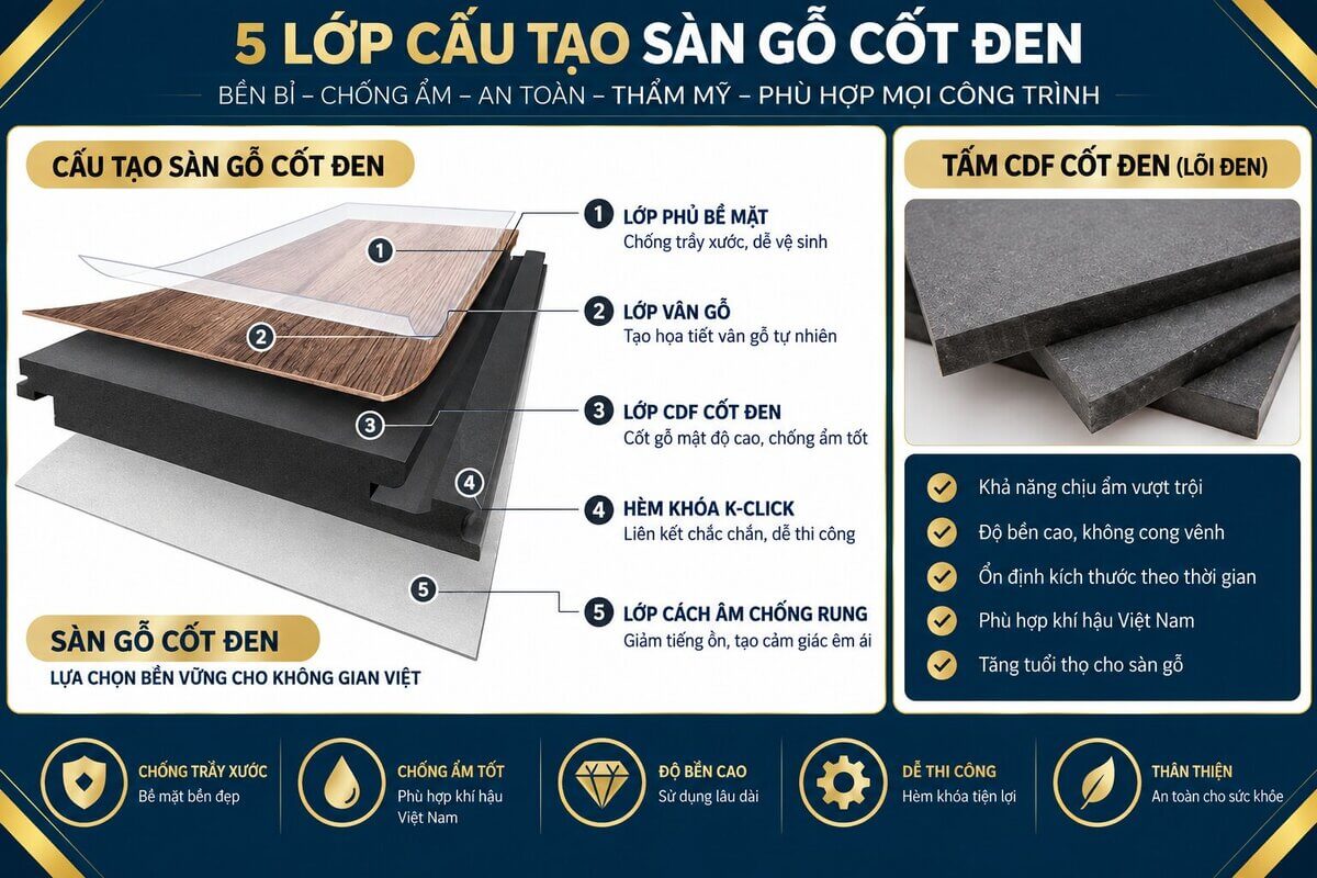 5 lớp cấu tạo sàn gỗ cốt đen