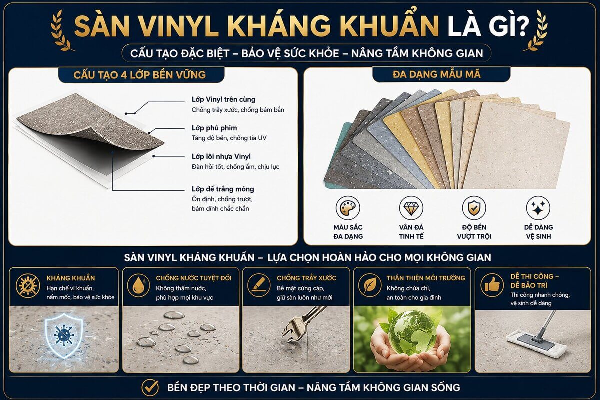Cấu tạo các lớp của sàn nhựa vinyl gồm lớp phủ bề mặt, lớp vân và lớp lõi