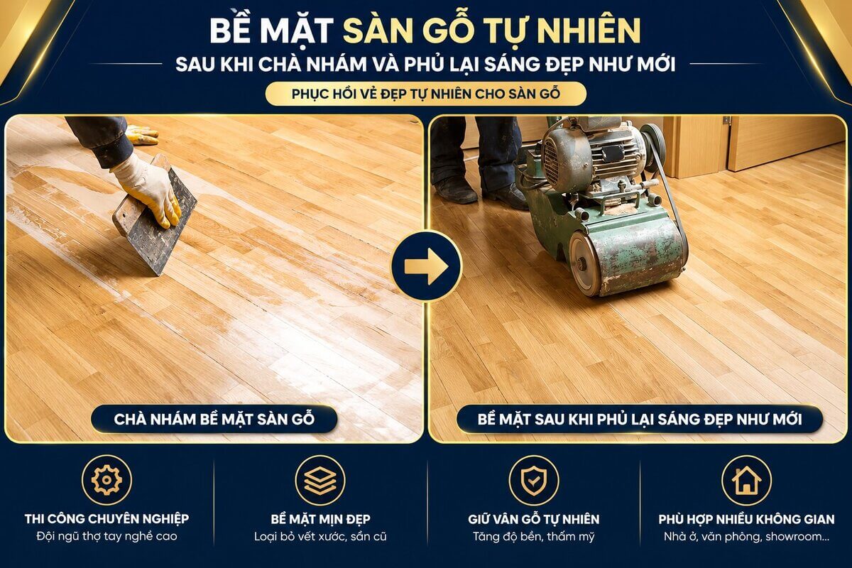 Bề mặt sàn gỗ tự nhiên sau khi chà nhám và phủ lại sáng đẹp như mới