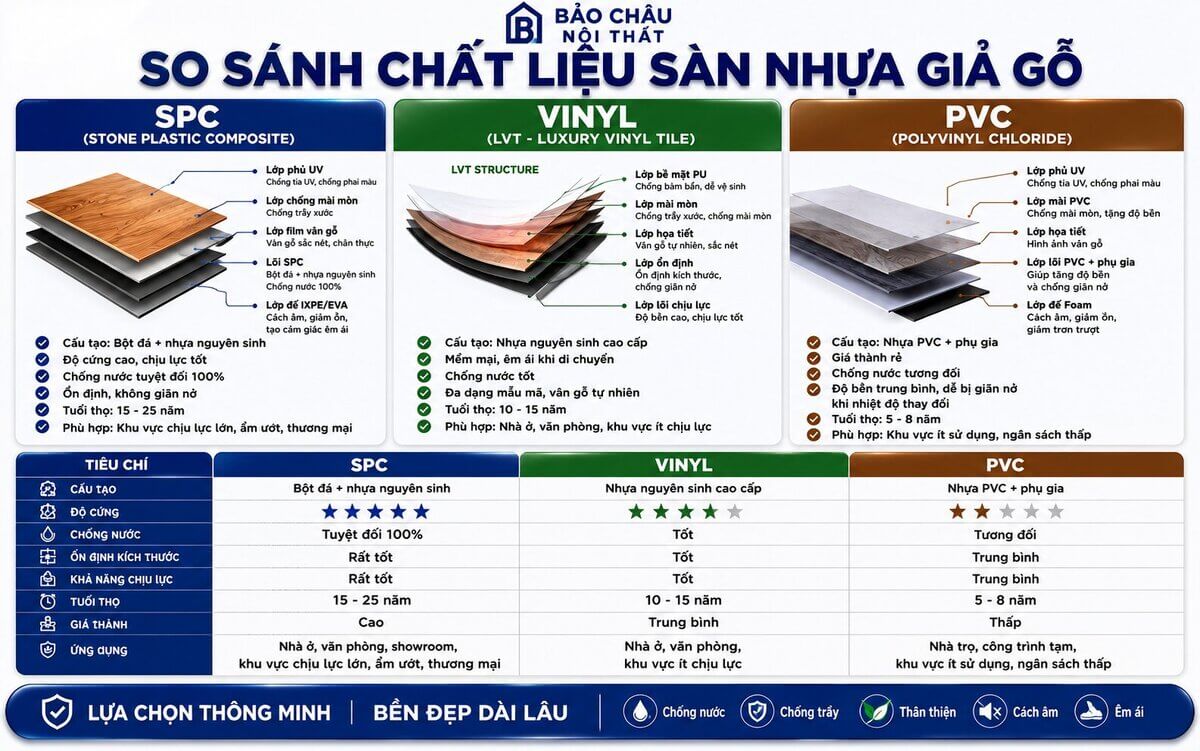 so sánh chất liệu sàn nhựa giả gỗ SPC vinyl PVC