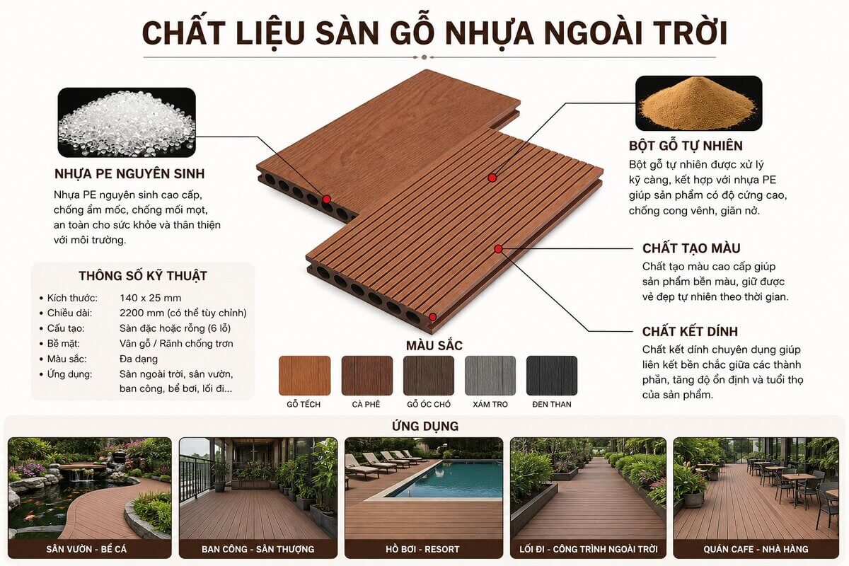 chất liệu sàn nhựa ngoài trời gỗ nhựa composite WPC vân gỗ