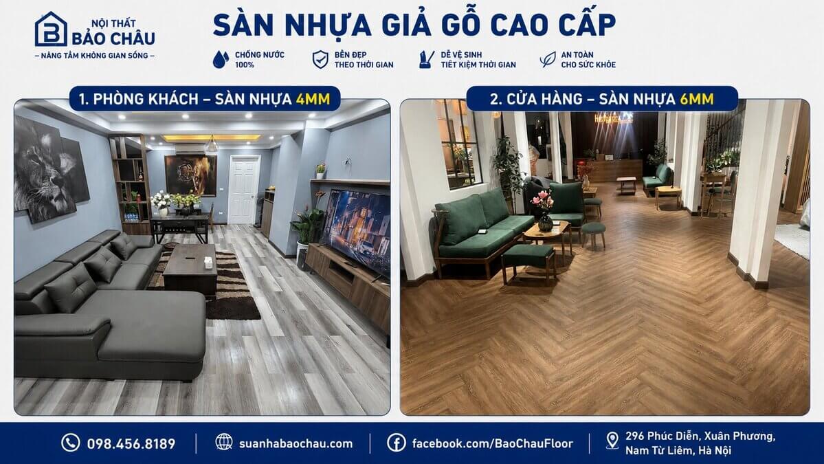 công trình sàn nhựa giả gỗ thực tế theo từng độ dày