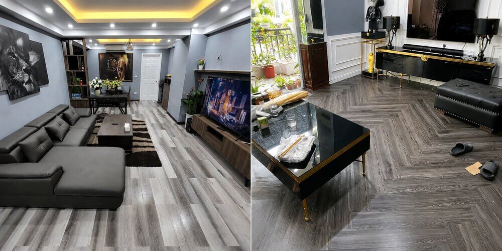 phòng khách lát sàn nhựa dán keo
