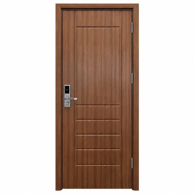 Cửa nhựa composite huỳnh âm HAB08 pano kết hợp sọc ngang màu nâu cam vân óc chó