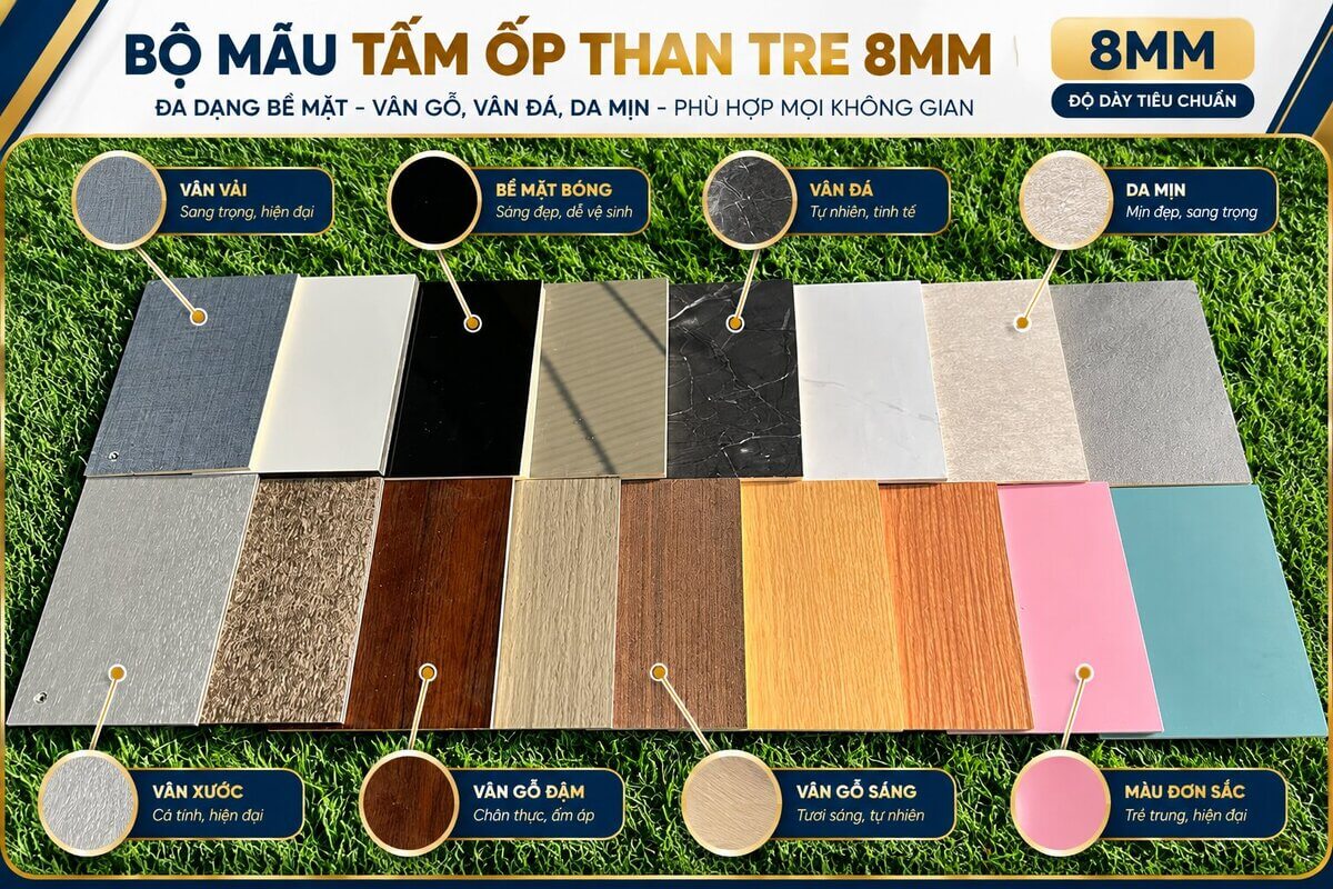 Cận cảnh bề mặt vân gỗ và da mịn của tấm ốp than tre Bảo Châu