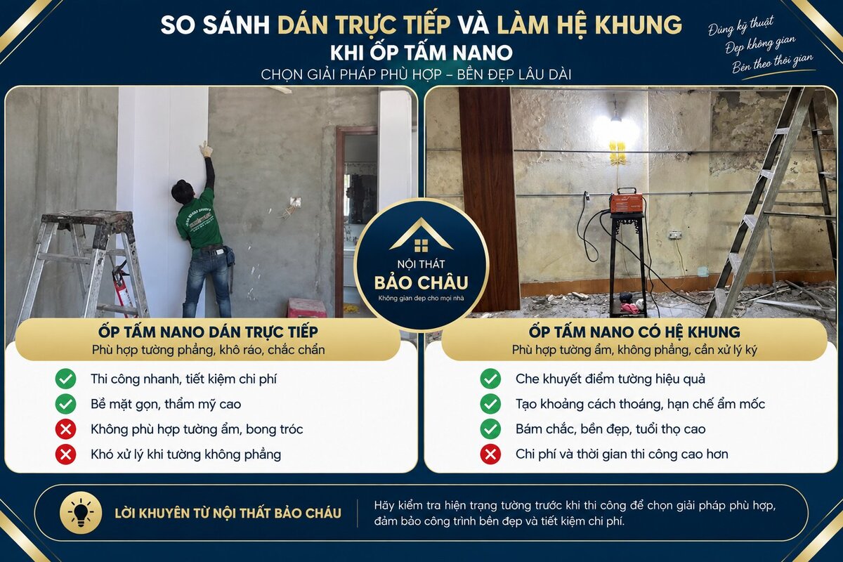 So sánh dán trực tiếp và làm hệ khung khi ốp Nano