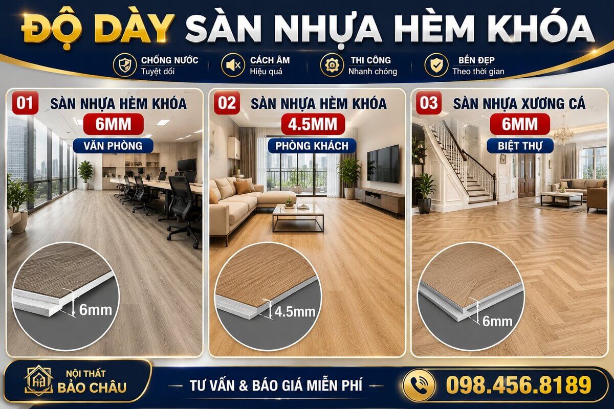 công trình sàn nhựa hèm khóa theo từng độ dày