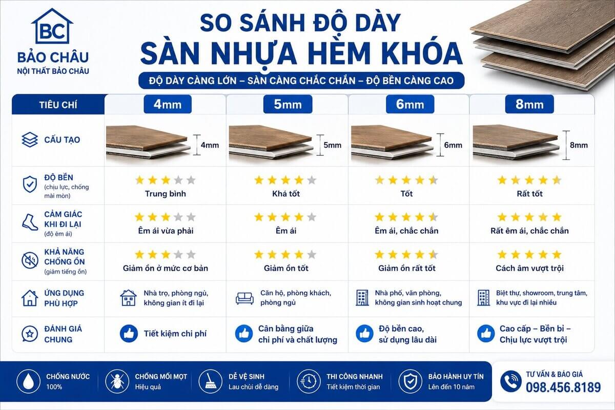 so sánh độ dày sàn nhựa hèm khóa 4mm 5mm 6mm 8mm