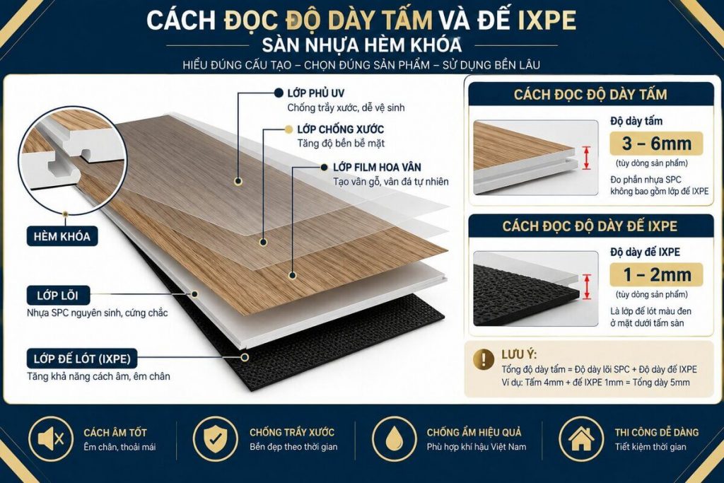 Cách đọc độ dày tấm và đế IXPE sàn nhựa hèm khóa