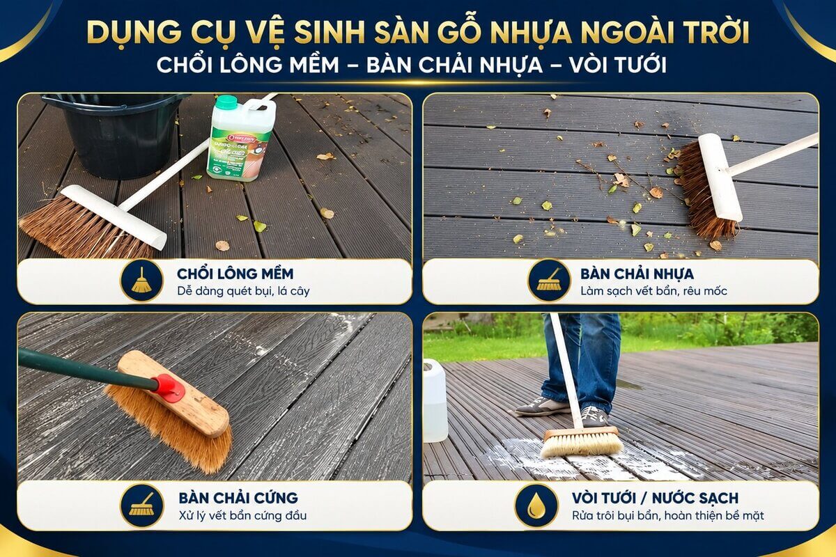 Dụng cụ vệ sinh sàn gỗ nhựa ngoài trời: chổi lông mềm, bàn chải nhựa, vòi tưới