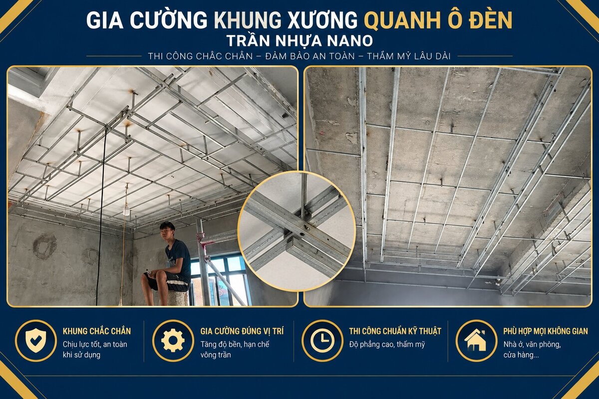 Gia cường khung xương quanh ô đèn trần nhựa nano