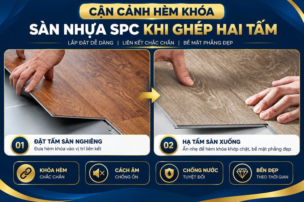 Cận cảnh hèm khóa sàn nhựa SPC khi ghép hai tấm