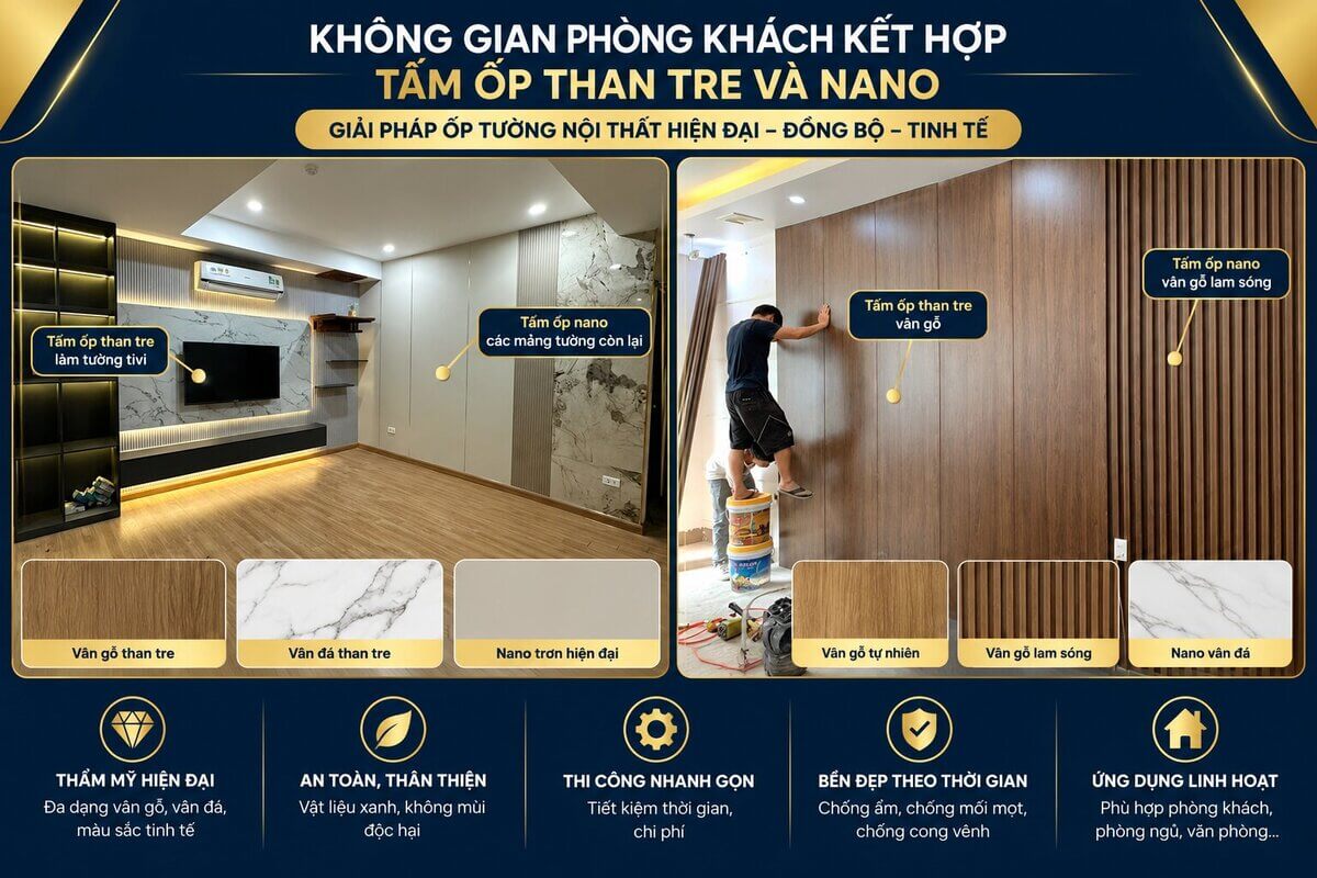 Không gian phòng khách kết hợp than tre làm tường tivi và nano cho các mảng tường còn lại