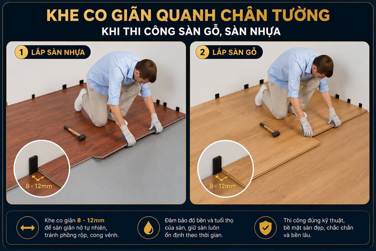 Khe co giãn quanh chân tường khi thi công sàn gỗ, sàn nhựa