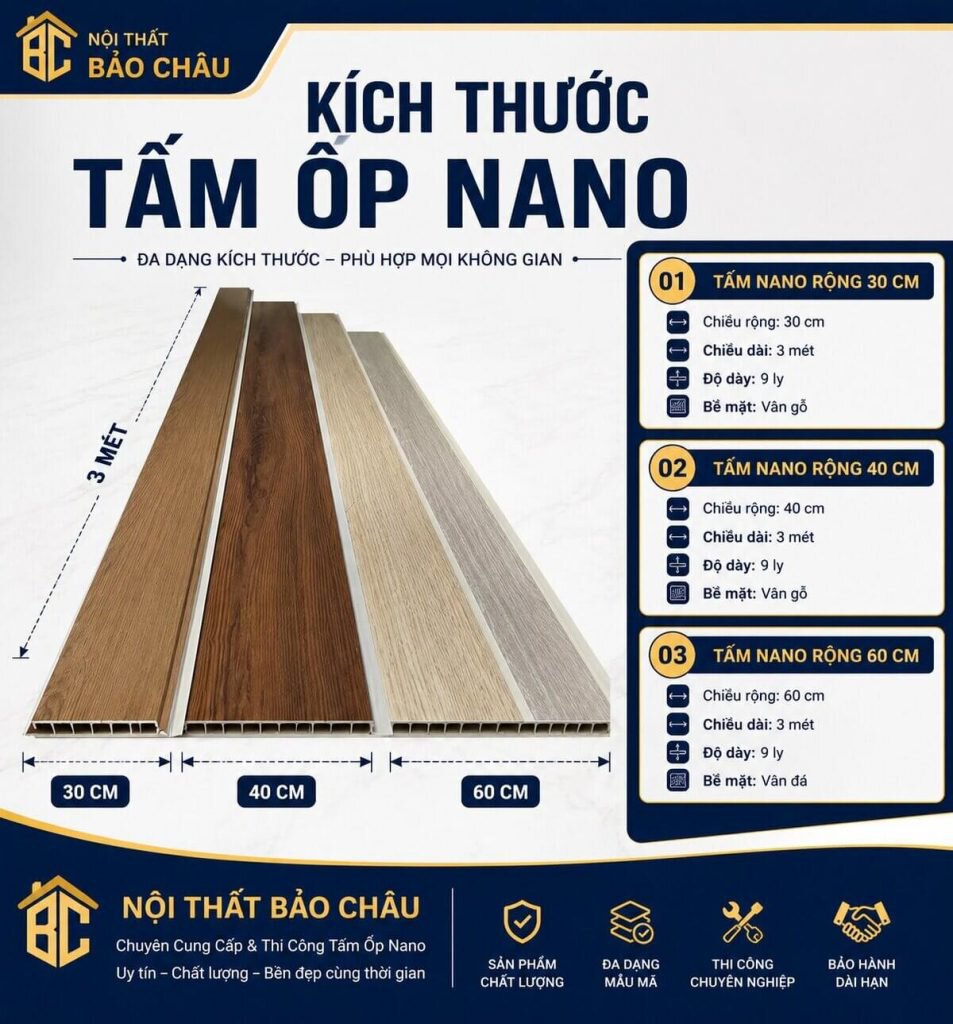 Bảng kích thước tấm ốp nano theo khổ rộng, chiều dài và độ dày