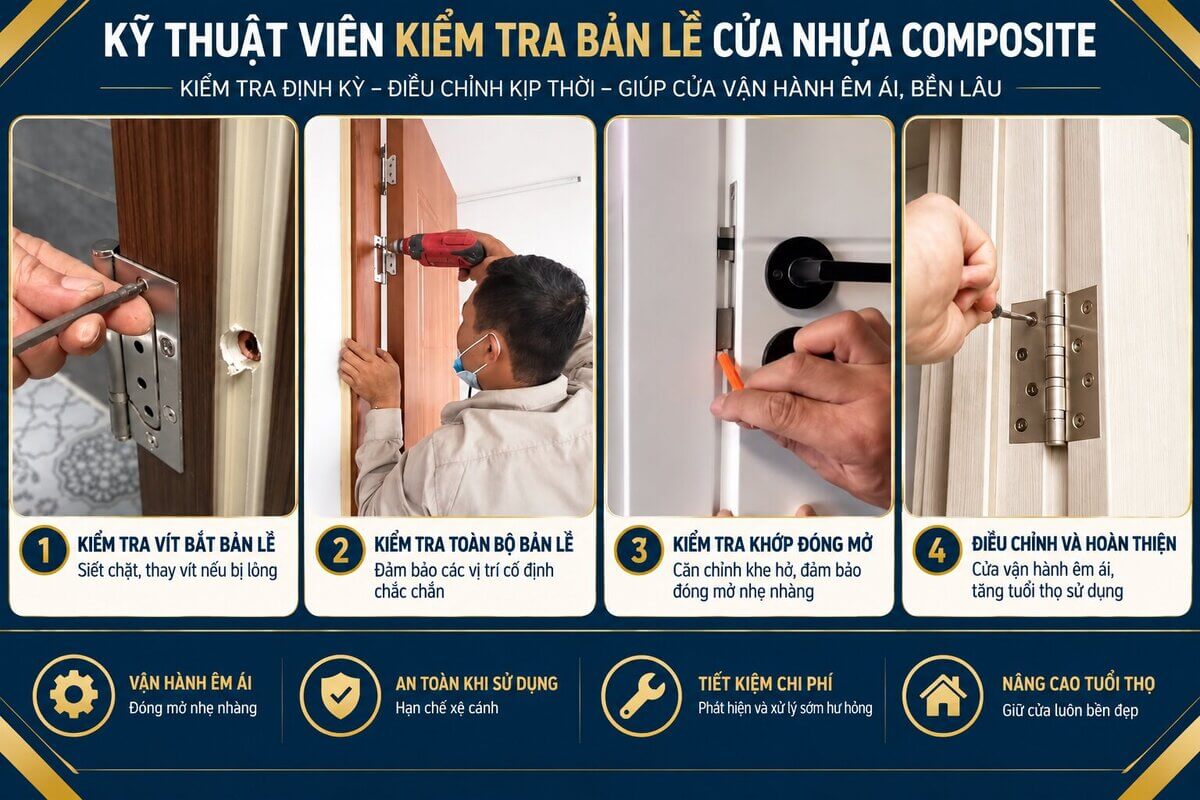 Kỹ thuật viên kiểm tra bản lề cửa nhựa composite