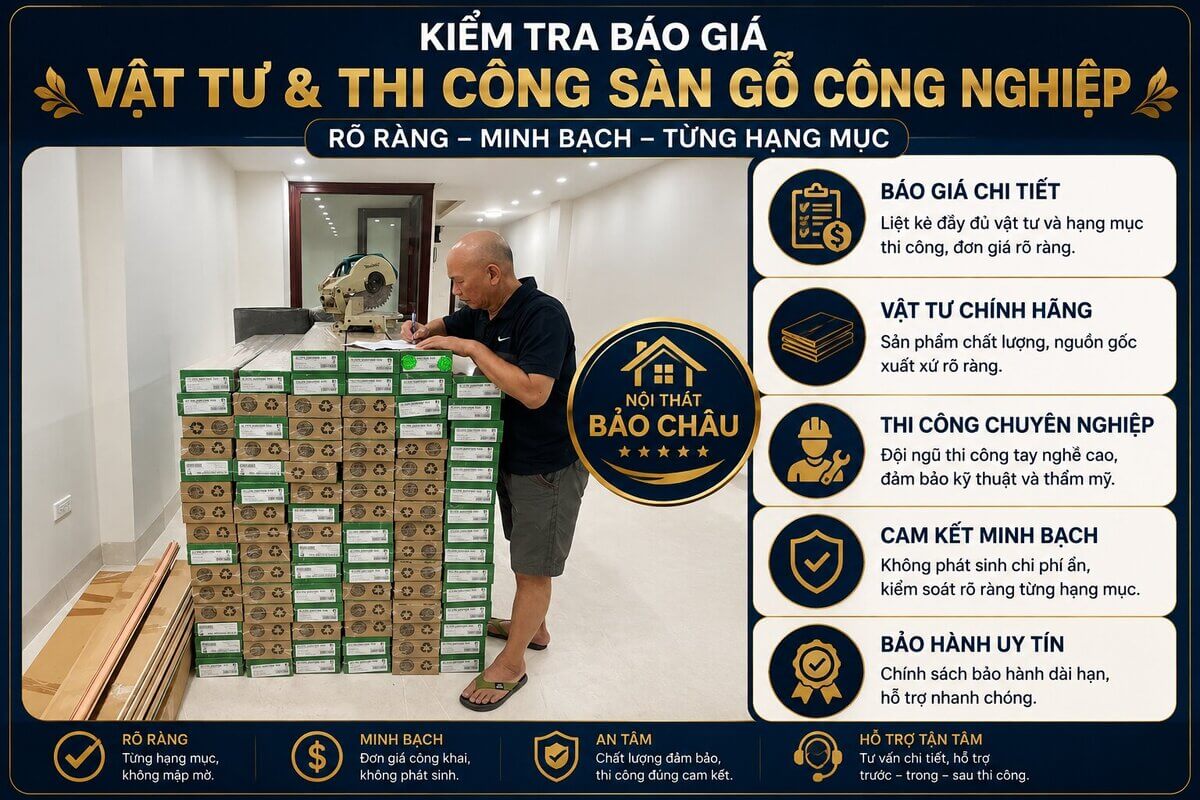 kiểm tra báo giá vật tư và thi công sàn gỗ công nghiệp rõ ràng từng hạng mục
