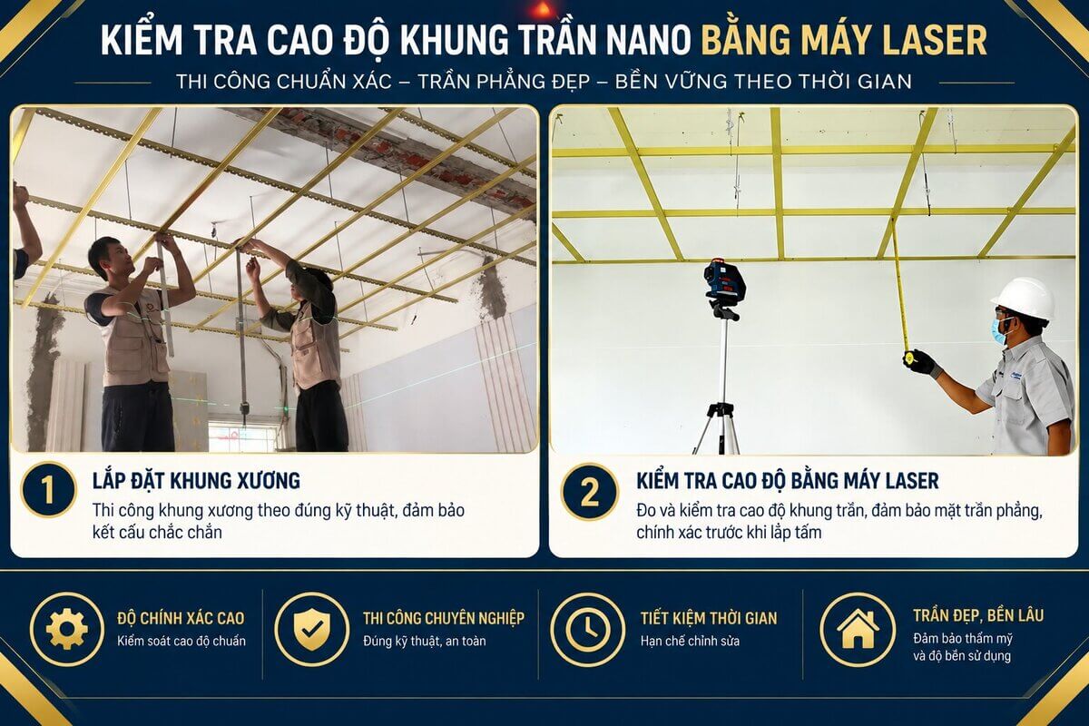 Kiểm tra cao độ khung trần nano bằng máy laser
