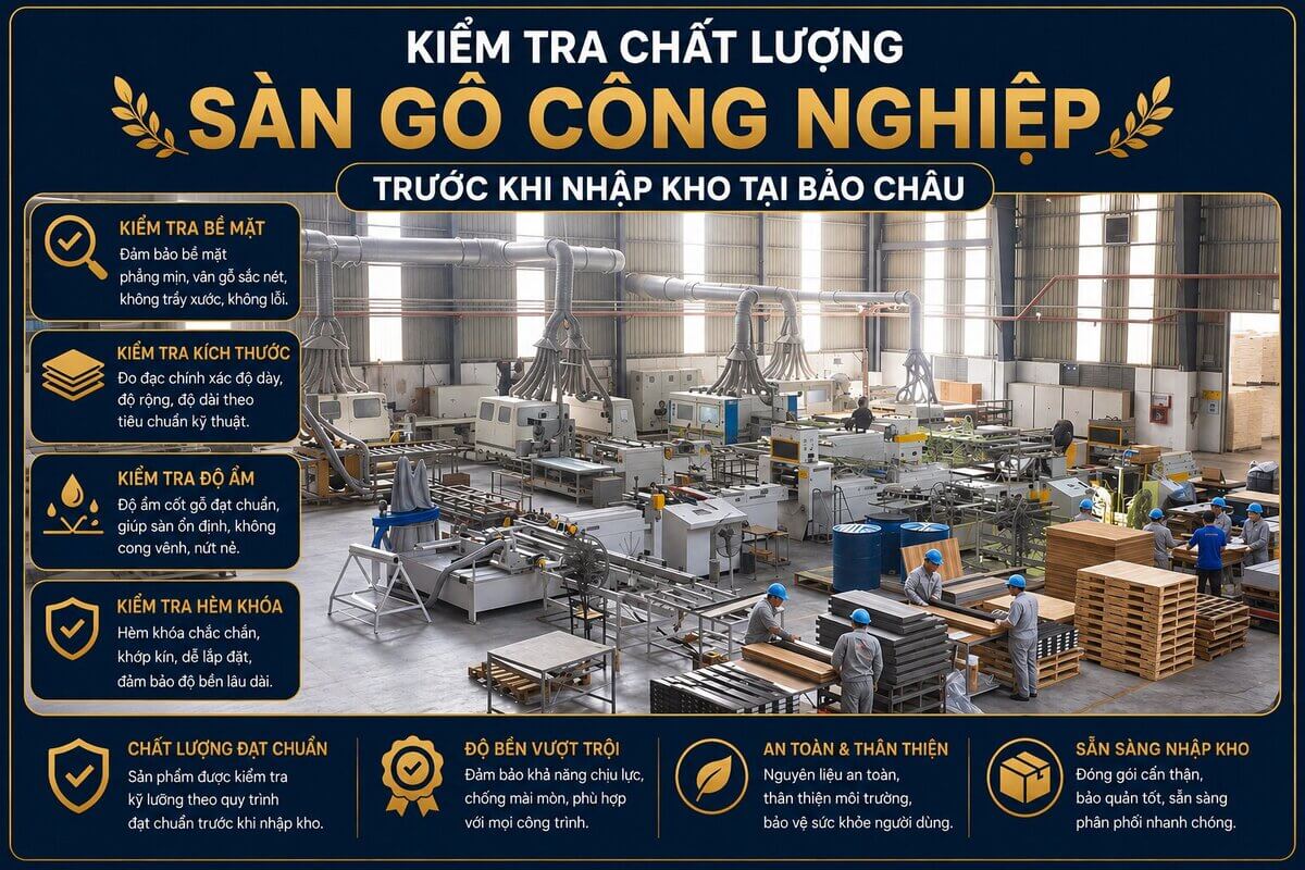 kiểm tra chất lượng sàn gỗ công nghiệp trước khi nhập kho tại Bảo Châu