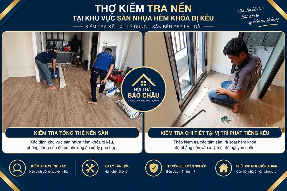 Thợ kiểm tra độ phẳng nền tại khu vực sàn nhựa hèm khóa bị kêu