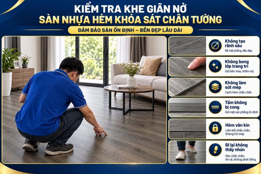 Kiểm tra khe giãn nở sàn nhựa hèm khóa sát chân tường