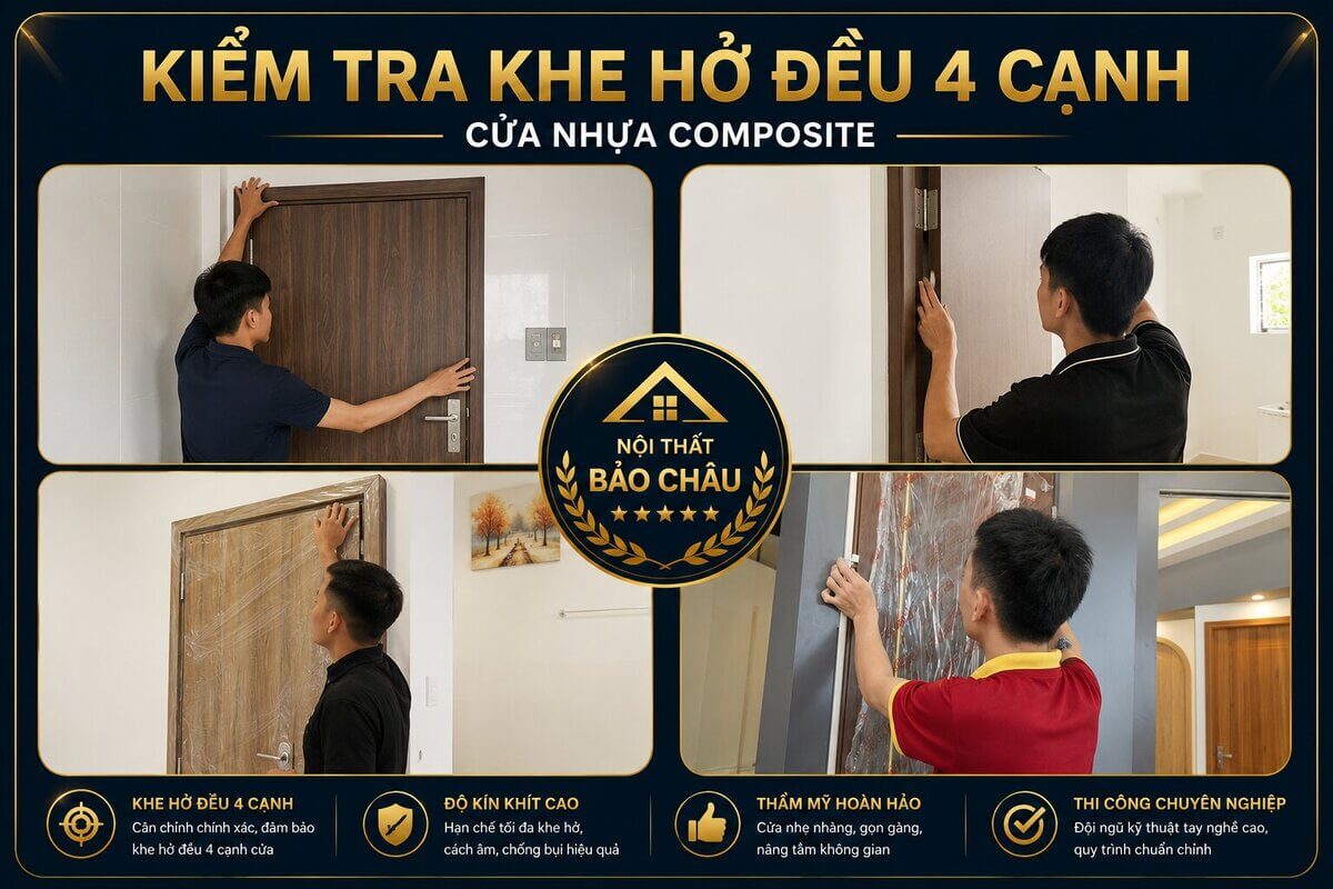 Kiểm tra khe hở đều 4 cạnh cửa nhựa composite sau khi lắp