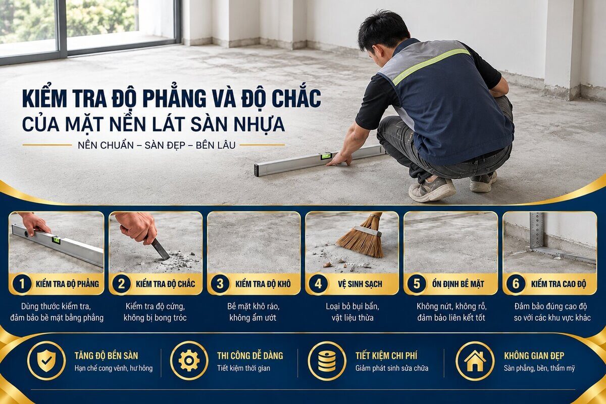 Kiểm tra độ phẳng và độ chắc của mặt nền lát sàn nhựa