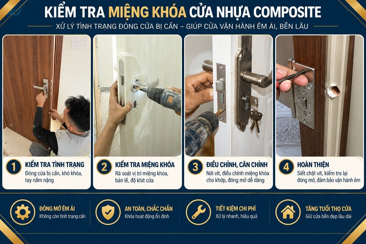 Kiểm tra miệng khóa khi cửa nhựa composite đóng bị cấn