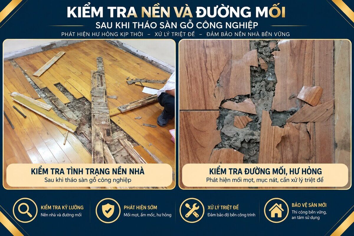 Kiểm tra nền và đường mối sau khi tháo sàn gỗ