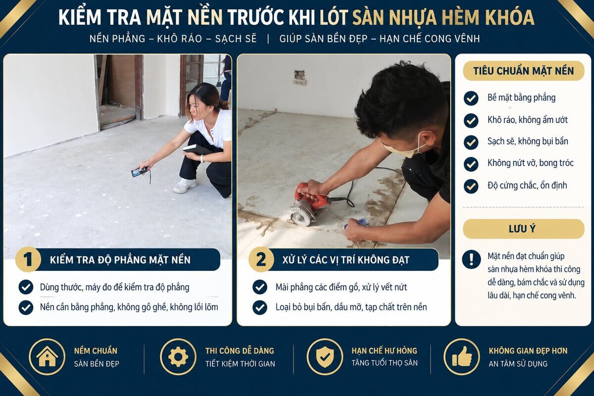 Kiểm tra mặt nền trước khi lót sàn nhựa hèm khóa