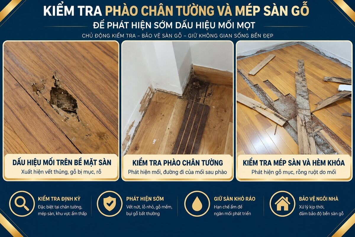 Kiểm tra phào chân tường và mép sàn gỗ để phát hiện mối