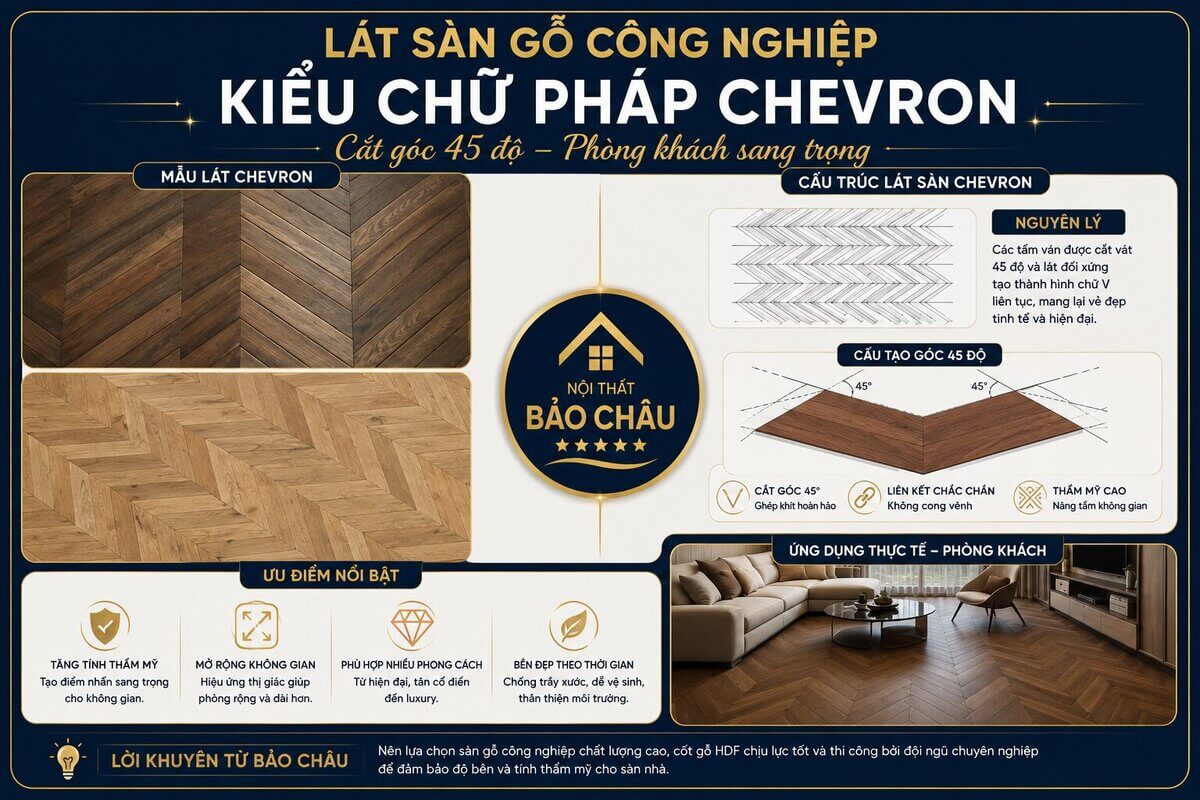 lát sàn gỗ công nghiệp kiểu chữ pháp chevron cắt góc 45 độ phòng khách