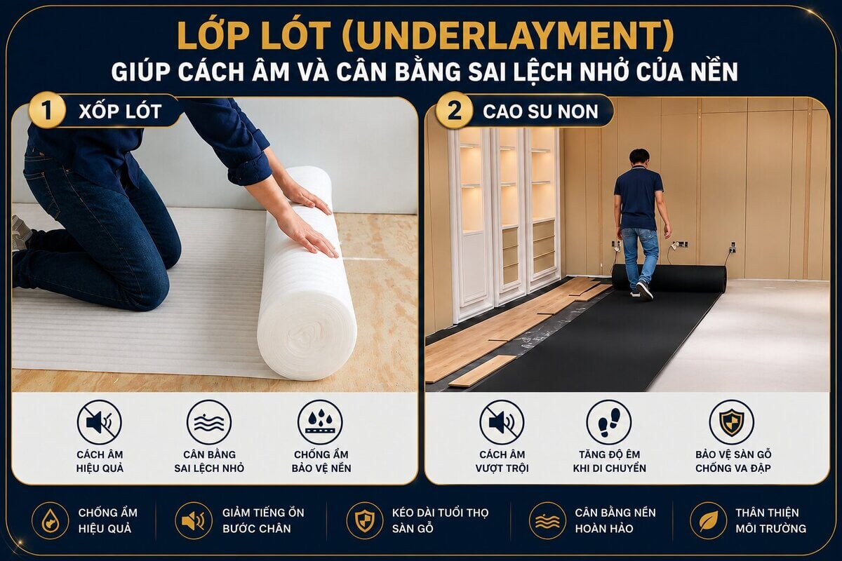 Lớp lót underlayment cách âm và cân bằng bề mặt nền khi thi công sàn