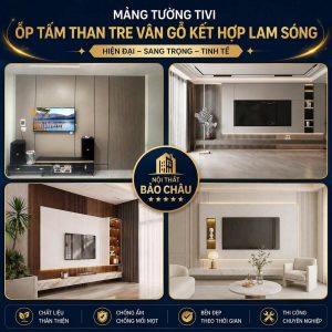 Mảng tường tivi phòng khách ốp tấm than tre vân gỗ kết hợp lam sóng, tivi treo giữa