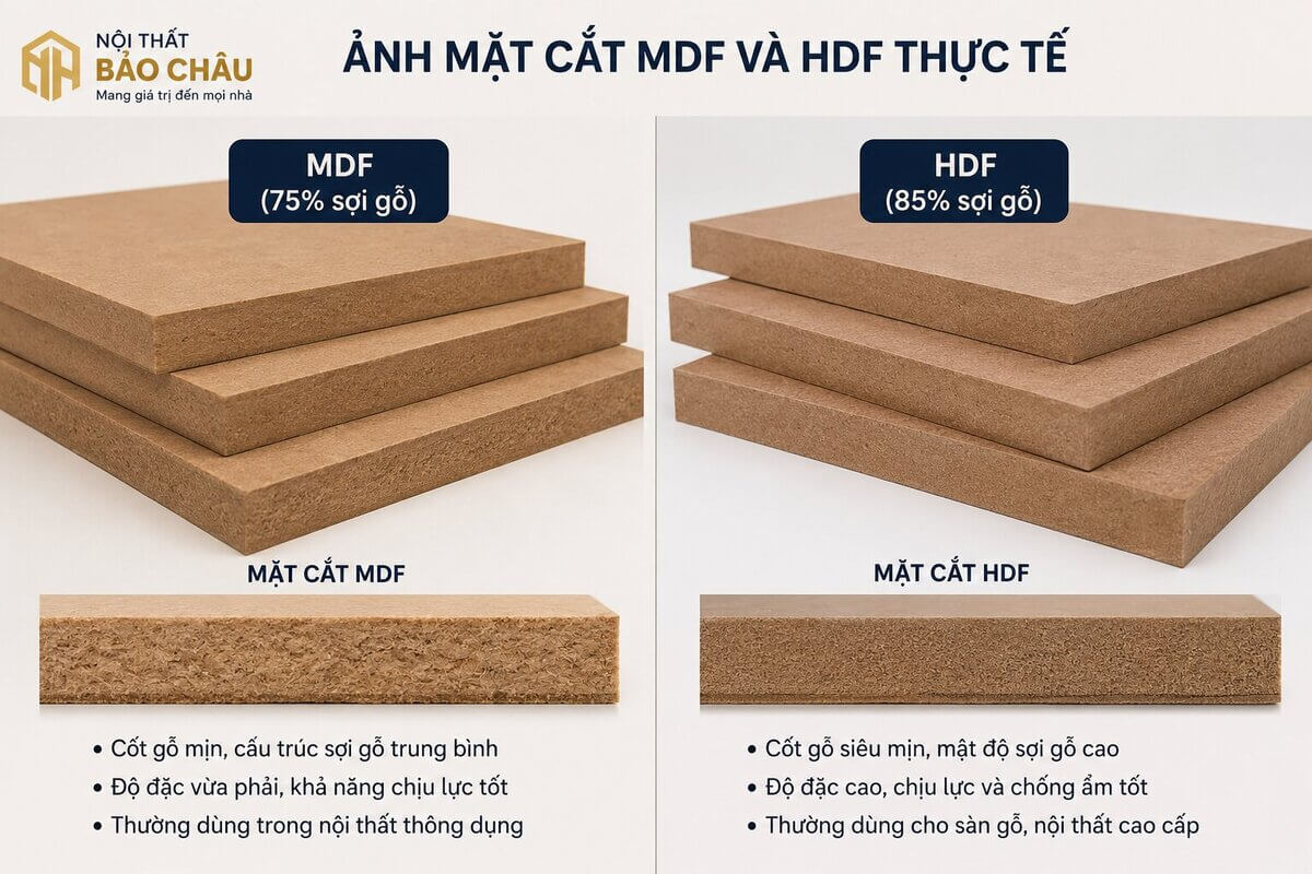 mặt cắt cốt gỗ HDF và MDF sàn gỗ công nghiệp