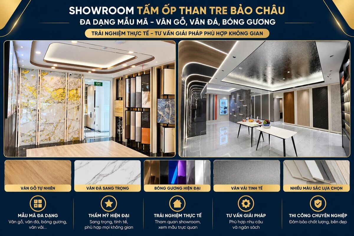 Tường tivi và trần phòng khách ốp than tre kết hợp trần nhựa