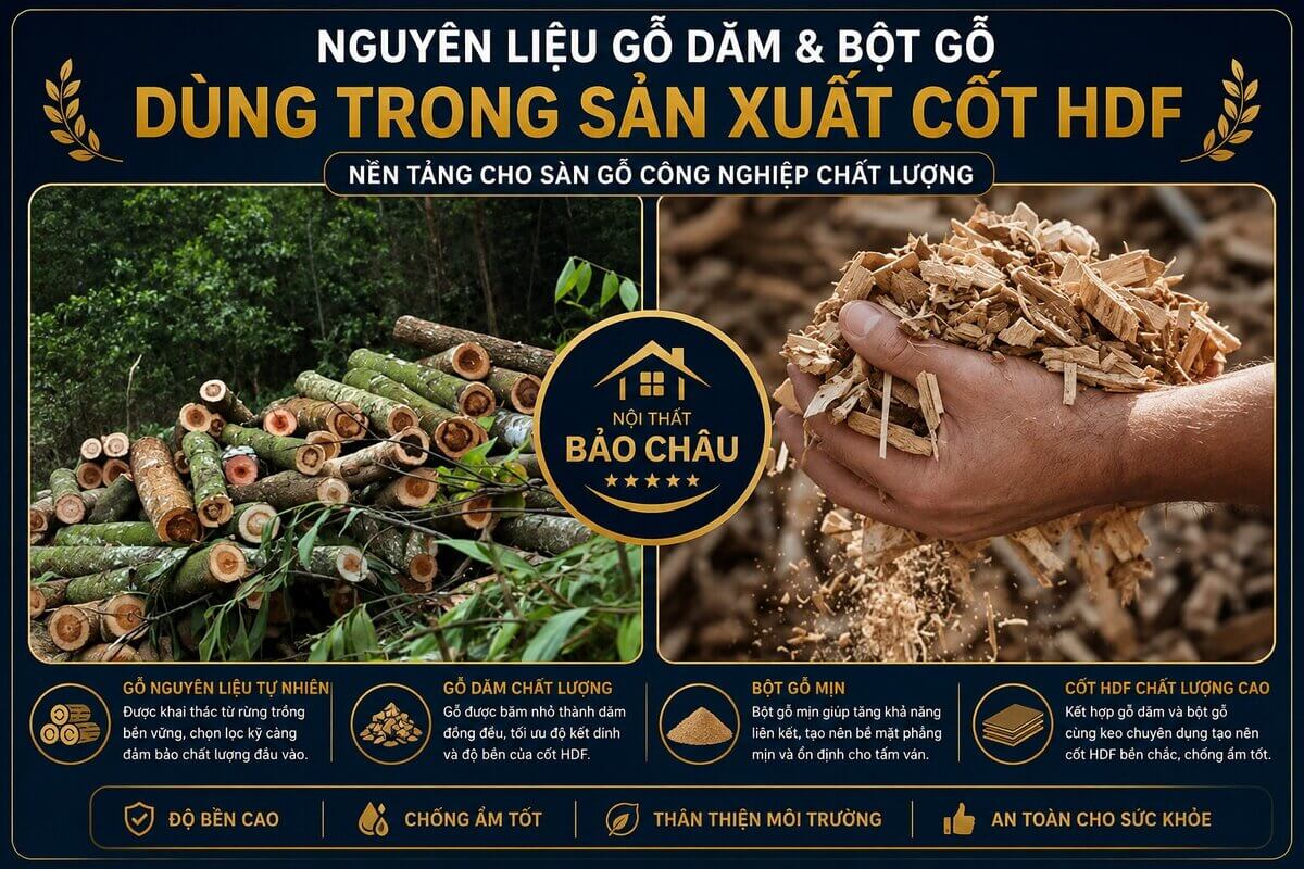 nguyên liệu gỗ dăm và bột gỗ dùng trong sản xuất cốt HDF sàn gỗ công nghiệp