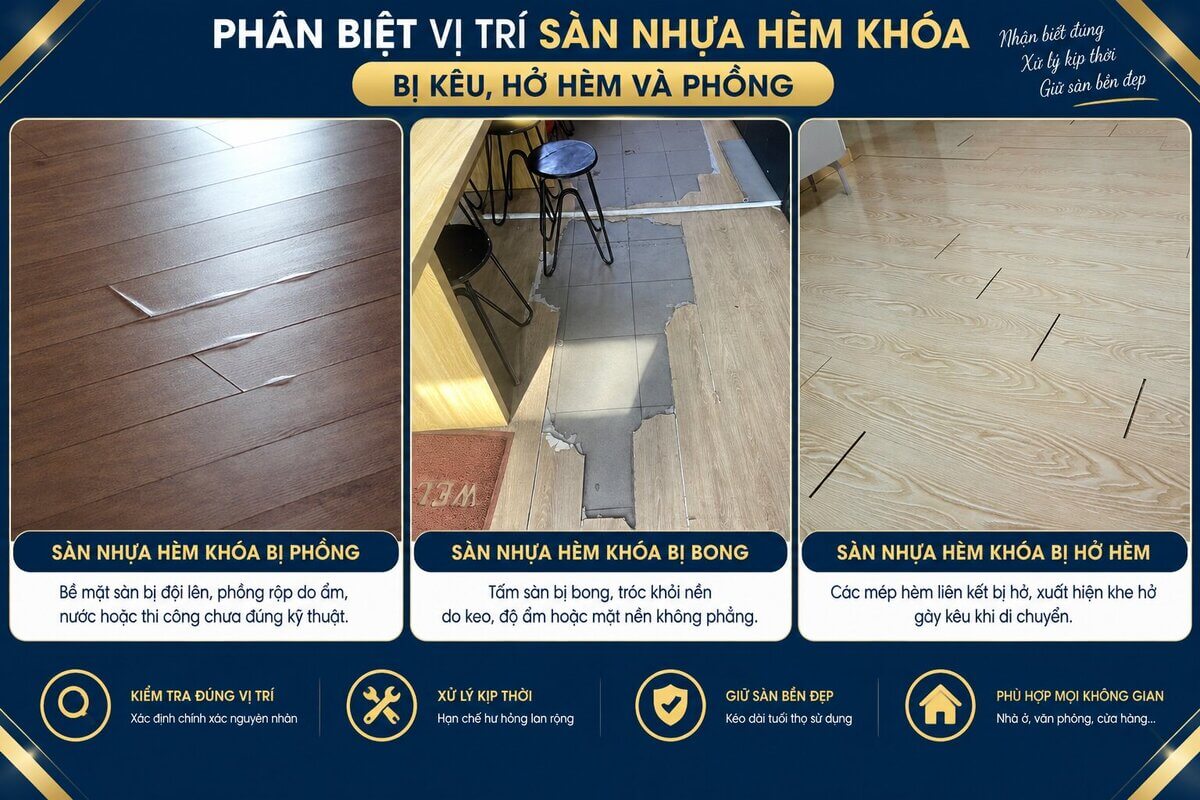 Phân biệt vị trí sàn nhựa hèm khóa bị kêu, hở hèm và phồng