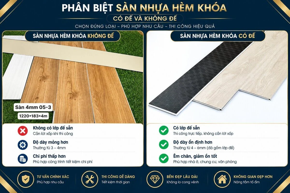 Phân biệt sàn nhựa hèm khóa có đế và không đế