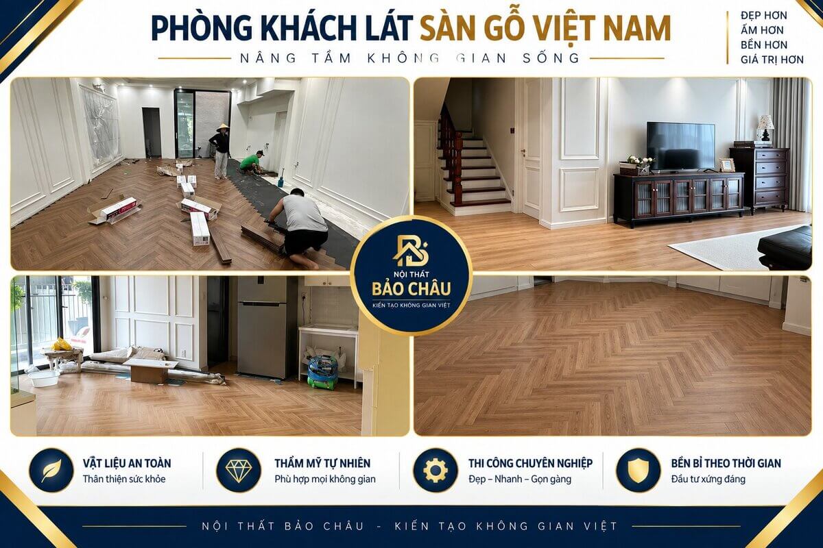 phòng khách lát sàn gỗ Việt Nam